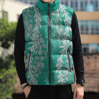 Puakenikeni and Maile Lei Sleeveless Puffer Jacket Sage Green Double Strand Lei LT9 - Polynesian Pride