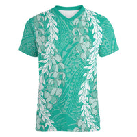 Puakenikeni and Maile Lei Women V-Neck T-Shirt Sage Green Double Strand Lei
