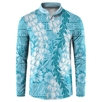 Blue Puakenikeni and Maile Lei Button Sweatshirt Hawaiian Style Tribal Tapa Double Strand Lei LT9 Blue - Polynesian Pride