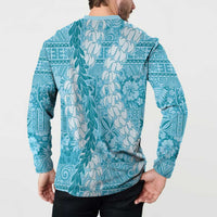 Blue Puakenikeni and Maile Lei Button Sweatshirt Hawaiian Style Tribal Tapa Double Strand Lei LT9 - Polynesian Pride