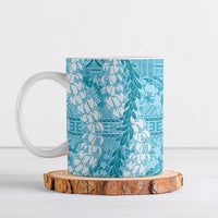 Blue Puakenikeni and Maile Lei Ceramic Mug Hawaiian Style Tribal Tapa Double Strand Lei LT9 Blue - Polynesian Pride