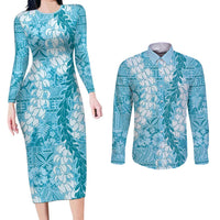 Blue Puakenikeni and Maile Lei Couples Matching Long Sleeve Bodycon Dress and Long Sleeve Button Shirt Hawaiian Style Tribal Tapa Double Strand Lei