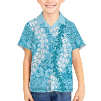 Blue Puakenikeni and Maile Lei Family Matching Off Shoulder Short Dress and Hawaiian Shirt Hawaiian Style Tribal Tapa Double Strand Lei