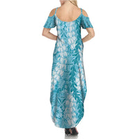 Blue Puakenikeni and Maile Lei Family Matching Summer Maxi Dress and Hawaiian Shirt Hawaiian Style Tribal Tapa Double Strand Lei