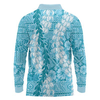 Blue Puakenikeni and Maile Lei Long Sleeve Polo Shirt Hawaiian Style Tribal Tapa Double Strand Lei
