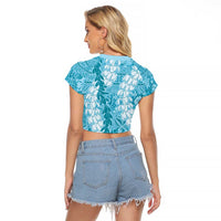 Blue Puakenikeni and Maile Lei Raglan Cropped T Shirt Hawaiian Style Tribal Tapa Double Strand Lei