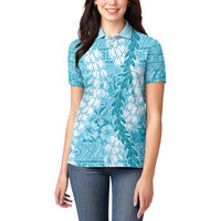 Blue Puakenikeni and Maile Lei Women Polo Shirt Hawaiian Style Tribal Tapa Double Strand Lei