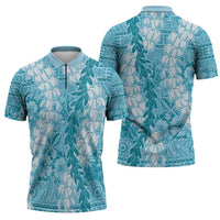 Blue Puakenikeni and Maile Lei Zipper Polo Shirt Hawaiian Style Tribal Tapa Double Strand Lei - Polynesian Pride