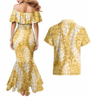 Gold Puakenikeni and Maile Lei Couples Matching Mermaid Dress and Hawaiian Shirt Hawaiian Style Tribal Tapa Double Strand Lei