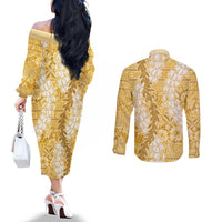 Gold Puakenikeni and Maile Lei Couples Matching Off The Shoulder Long Sleeve Dress and Long Sleeve Button Shirt Hawaiian Style Tribal Tapa Double Strand Lei