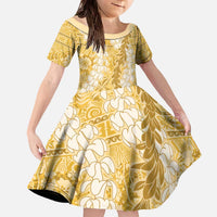 Gold Puakenikeni and Maile Lei Family Matching Off The Shoulder Long Sleeve Dress and Hawaiian Shirt Hawaiian Style Tribal Tapa Double Strand Lei