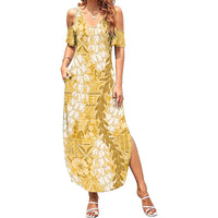 Gold Puakenikeni and Maile Lei Family Matching Summer Maxi Dress and Hawaiian Shirt Hawaiian Style Tribal Tapa Double Strand Lei