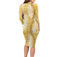 Gold Puakenikeni and Maile Lei Long Sleeve Bodycon Dress Hawaiian Style Tribal Tapa Double Strand Lei