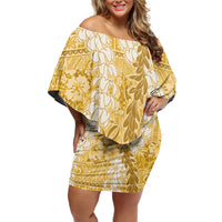 Gold Puakenikeni and Maile Lei Off Shoulder Short Dress Hawaiian Style Tribal Tapa Double Strand Lei