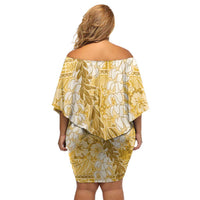 Gold Puakenikeni and Maile Lei Off Shoulder Short Dress Hawaiian Style Tribal Tapa Double Strand Lei