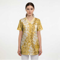 Gold Puakenikeni and Maile Lei Scrub Top Hawaiian Style Tribal Tapa Double Strand Lei - Polynesian Pride