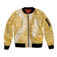 Gold Puakenikeni and Maile Lei Sleeve Zip Bomber Jacket Hawaiian Style Tribal Tapa Double Strand Lei