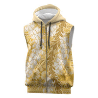 Gold Puakenikeni and Maile Lei Sleeveless Zip Hoodie Hawaiian Style Tribal Tapa Double Strand Lei - Polynesian Pride