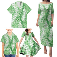 Green Puakenikeni and Maile Lei Family Matching Puletasi and Hawaiian Shirt Hawaiian Style Tribal Tapa Double Strand Lei