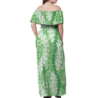 Green Puakenikeni and Maile Lei Off Shoulder Maxi Dress Hawaiian Style Tribal Tapa Double Strand Lei