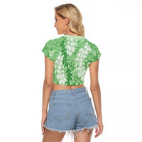 Green Puakenikeni and Maile Lei Raglan Cropped T Shirt Hawaiian Style Tribal Tapa Double Strand Lei
