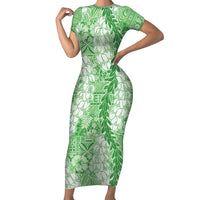 Green Puakenikeni and Maile Lei Short Sleeve Bodycon Dress Hawaiian Style Tribal Tapa Double Strand Lei