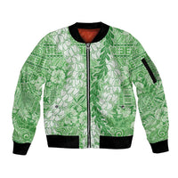 Green Puakenikeni and Maile Lei Sleeve Zip Bomber Jacket Hawaiian Style Tribal Tapa Double Strand Lei