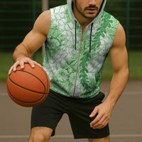 Green Puakenikeni and Maile Lei Sleeveless Zip Hoodie Hawaiian Style Tribal Tapa Double Strand Lei - Polynesian Pride