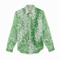 Green Puakenikeni and Maile Lei Women Casual Shirt Hawaiian Style Tribal Tapa Double Strand Lei