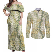 Vintage Puakenikeni and Maile Lei Couples Matching Off Shoulder Maxi Dress and Long Sleeve Button Shirt Hawaiian Style Tribal Tapa Double Strand Lei
