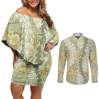 Vintage Puakenikeni and Maile Lei Couples Matching Off Shoulder Short Dress and Long Sleeve Button Shirt Hawaiian Style Tribal Tapa Double Strand Lei