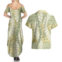 Vintage Puakenikeni and Maile Lei Couples Matching Summer Maxi Dress and Hawaiian Shirt Hawaiian Style Tribal Tapa Double Strand Lei