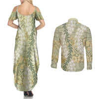 Vintage Puakenikeni and Maile Lei Couples Matching Summer Maxi Dress and Long Sleeve Button Shirt Hawaiian Style Tribal Tapa Double Strand Lei