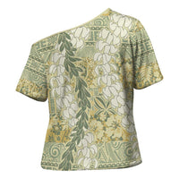 Vintage Puakenikeni and Maile Lei Cross Shoulder Shirt Hawaiian Style Tribal Tapa Double Strand Lei - Polynesian Pride