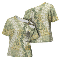 Vintage Puakenikeni and Maile Lei Cross Shoulder Shirt Hawaiian Style Tribal Tapa Double Strand Lei - Polynesian Pride