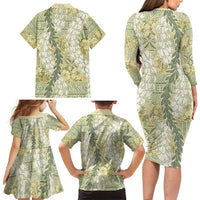 Vintage Puakenikeni and Maile Lei Family Matching Long Sleeve Bodycon Dress and Hawaiian Shirt Hawaiian Style Tribal Tapa Double Strand Lei