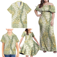 Vintage Puakenikeni and Maile Lei Family Matching Off Shoulder Maxi Dress and Hawaiian Shirt Hawaiian Style Tribal Tapa Double Strand Lei