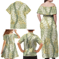 Vintage Puakenikeni and Maile Lei Family Matching Off Shoulder Maxi Dress and Hawaiian Shirt Hawaiian Style Tribal Tapa Double Strand Lei