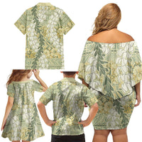 Vintage Puakenikeni and Maile Lei Family Matching Off Shoulder Short Dress and Hawaiian Shirt Hawaiian Style Tribal Tapa Double Strand Lei