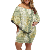 Vintage Puakenikeni and Maile Lei Family Matching Off Shoulder Short Dress and Hawaiian Shirt Hawaiian Style Tribal Tapa Double Strand Lei