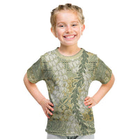 Vintage Puakenikeni and Maile Lei Kid T Shirt Hawaiian Style Tribal Tapa Double Strand Lei