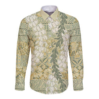 Vintage Puakenikeni and Maile Lei Long Sleeve Button Shirt Hawaiian Style Tribal Tapa Double Strand Lei
