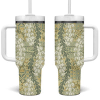 Vintage Puakenikeni and Maile Lei Tumbler With Handle Hawaiian Style Tribal Tapa Double Strand Lei