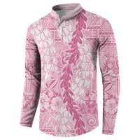 Pink Puakenikeni and Maile Lei Button Sweatshirt Hawaiian Style Tribal Tapa Double Strand Lei LT9 - Polynesian Pride