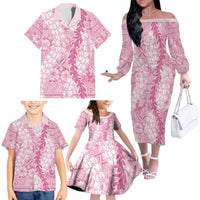 Pink Puakenikeni and Maile Lei Family Matching Off The Shoulder Long Sleeve Dress and Hawaiian Shirt Hawaiian Style Tribal Tapa Double Strand Lei