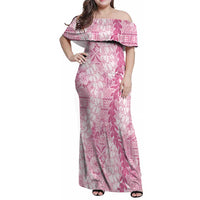 Pink Puakenikeni and Maile Lei Family Matching Off Shoulder Maxi Dress and Hawaiian Shirt Hawaiian Style Tribal Tapa Double Strand Lei