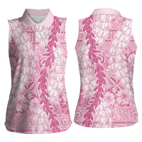 Pink Puakenikeni and Maile Lei Women Sleeveless Polo Shirt Hawaiian Style Tribal Tapa Double Strand Lei