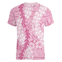 Pink Puakenikeni and Maile Lei Women V-Neck T-Shirt Hawaiian Style Tribal Tapa Double Strand Lei