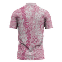Pink Puakenikeni and Maile Lei Zipper Polo Shirt Hawaiian Style Tribal Tapa Double Strand Lei - Polynesian Pride