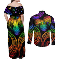 Personalised Its In My DNA Valentine Day Couples Matching Off Shoulder Maxi Dress and Long Sleeve Button Shirt Fingerprint Heart with Color Pride Flag LT9 - Polynesian Pride